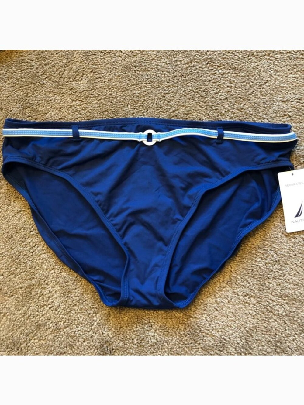 NEW NWT NAUTICA Dark Blue Turquoise White Belted Belt Swimwear Bikini BOTTOM 16